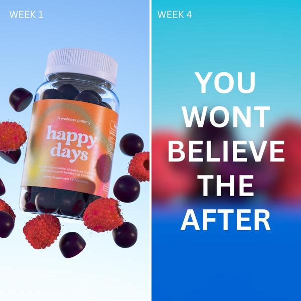 A split-screen comparison showing a product bottle on the left and a blurred result area with provocative text on the right.
